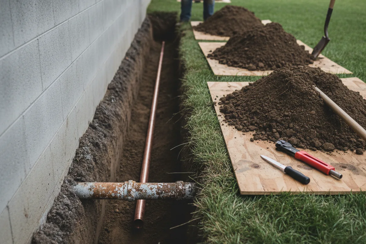 Excavated water line trench during Water Softener Installation in Cocoa